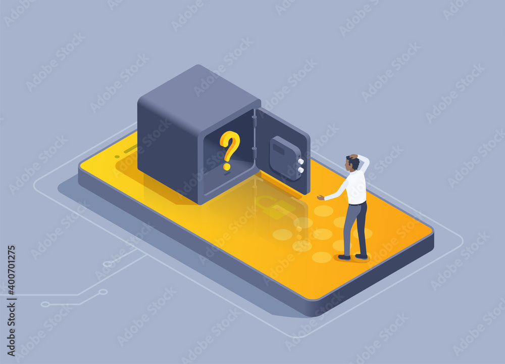 Poster isometric vector illustration on a gray background, on the smartphone screen there is an empty safe 