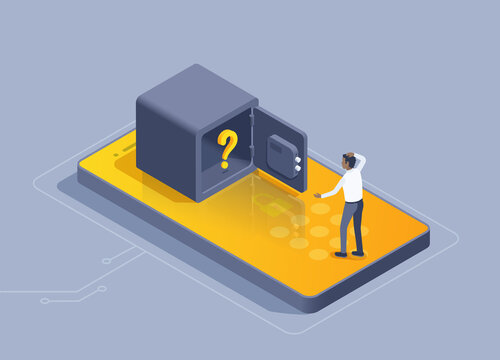 isometric vector illustration on a gray background, on the smartphone screen there is an empty safe and a man near a question mark, data loss