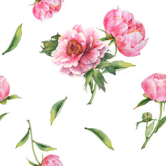 Romantic vintage seamless pattern with watercolor peonies. For backgrounds, greeting cards, invitations, fabrics, wallpapers and other designs and decorations