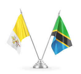 Tanzania and Vatican table flags isolated on white 3D rendering