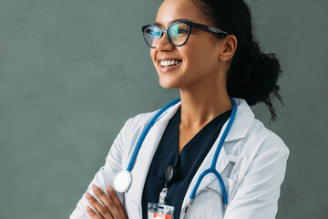 Portrait of a happy beautiful doctor with a stethoscope at a wall - Powered by Adobe