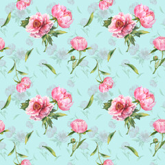 Romantic seamless pattern with watercolor bouquet of pink peonies. For backgrounds, textiles, wrapping papers, greeting cards