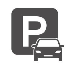 Flat parking icon for banner design. Information icon vector. Gray image on white backdrop. Blue background. Parking lot. - obrazy, fototapety, plakaty