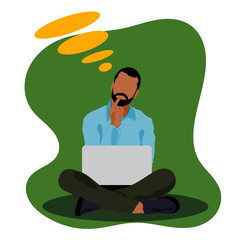 Flat design illustrator. Man looking for ideas in front of the laptop while relaxing