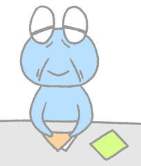 折り紙を折る老カエル（青色）