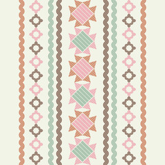 Border. Mosaic with geometric shapes. Seamless pattern. Design with manual hatching. Textile. Ethnic boho ornament. Vector illustration for web design or print.