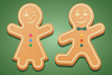 Gingerbread men. Colored vector illustration set. Isolated green background. The girl in the dress raised her hands and winked. A boy with a bow tie runs and smiles maliciously. Gingerbread Cookie. 