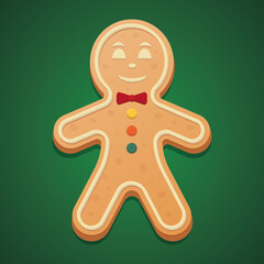 Gingerbread Man. Colored vector illustration. Isolated green background. Boy with a bow-tie. Ginger cookies. Festive figured dessert. Happy new year and merry christmas. Idea for web design. 