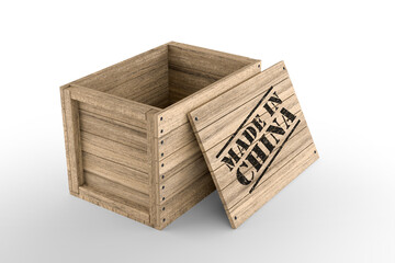 Large wooden crate with Made in China text on white background. 3D rendering