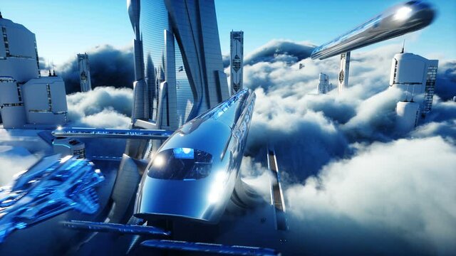 Flying passenger train. Futuristic sci fi city in clouds. Utopia. concept of the future. Aerial fantastic view. Realistic 4k animation.