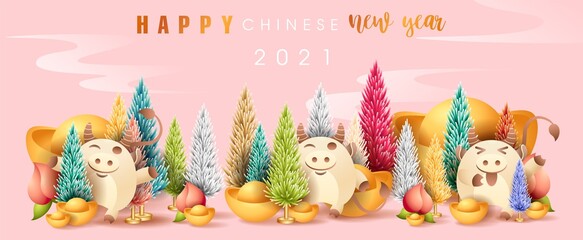2021 Happy Chinese New Year of Bull. Cute little Ox or calf with prosperity peach. Eastern symbol of coming year with ingots and colored realistic lush pines. Zodiac sign. Vector stock illustration.