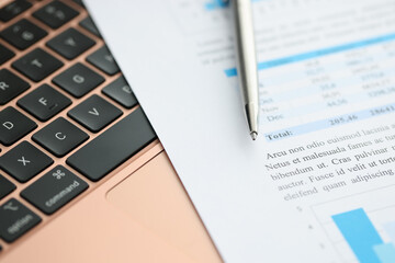 Obraz premium Financial documents and pen are on laptop keyboard