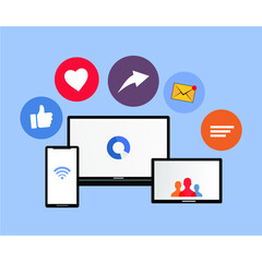 laptops, smartphones, tablets and various icons on it