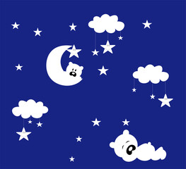 Obraz na płótnie Canvas sleeping bear cub on a Crescent moon in the night sky and stars. cartoon character in the children's room. .night projection bear with stars for children