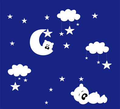 sleeping bear cub on a Crescent moon in the night sky and stars. cartoon character in the children's room. .night projection bear with stars for children