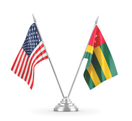 Togo and United States table flags isolated on white 3D rendering