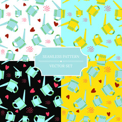 Set of seamless patterns with gardening elements, watering can. Collection of vector illustrations for designing posters, cards, prints, stickers, wallpaper, fabric, textile, gift paper, scrapbooking
