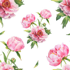 Pattern with pink peonies. Watercolor illustration