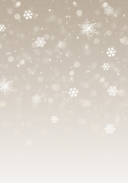 Golden beige snow background blue. Christmas snowfall with defocused flakes. Winter concept with falling snow. Holiday texture and white elements.