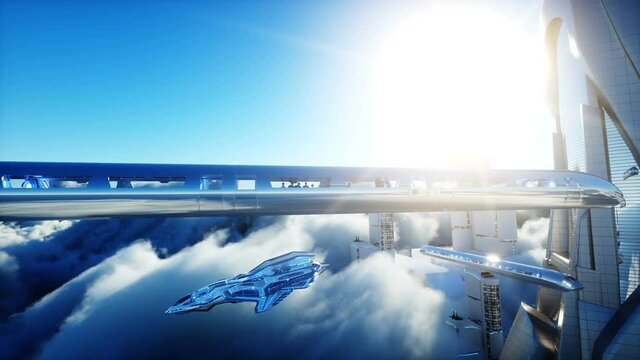 Flying passenger train. Futuristic sci fi city in clouds. Utopia. concept of the future. Aerial fantastic view. Realistic 4k animation.