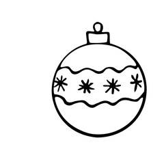 Vector Christmas outline tree ball. Element of New year and xmas design in doodle style, isolated. Simple hand drawn illustration for greeting cards, calendars, prints, childrens coloring book