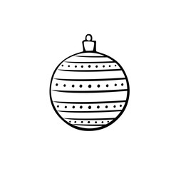 Vector Christmas outline tree ball. Element of New year and xmas design in doodle style, isolated. Simple hand drawn illustration for greeting cards, calendars, prints, childrens coloring book