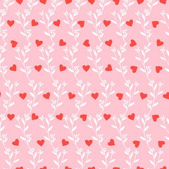 Pink Saint Valentine day seamless pattern with floral motives. Cute illustration with hearts and flowerss. Vector in flat style. Trendy cartoon design for wrapping paper, print, fabric.