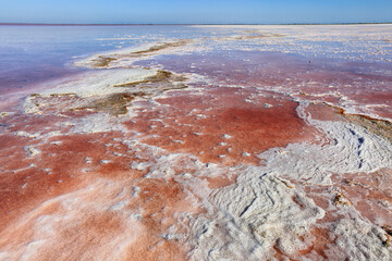 Beautiful natural background. View of a salt lake in Crimea that turns pink in august