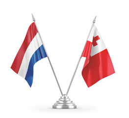 Tonga and Netherlands table flags isolated on white 3D rendering