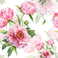 Fototapety  Romantyczny wzór z akwarela bukiet różowe piwonie. Do tła, tekstyliów, papierów do pakowania, kartek okolicznościowych.