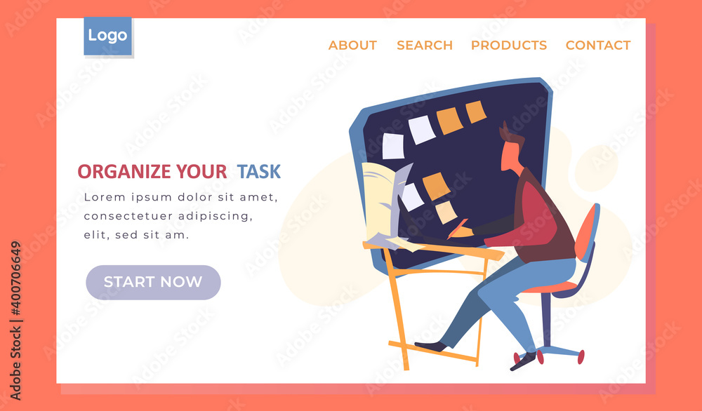 Poster organize your task landing page template, businessman sitting at a table near board with paper notes