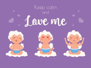 Valentine Cupid love playfully angel. Cute boy and girl cupid. Flying angel love meditation. Lover yoga cupid.