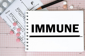Notebook page with word - IMMUNE nearby with a pills and pencil, medical concept