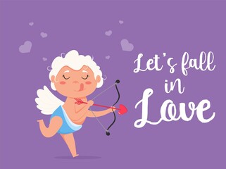 Valentine Cupid love playfully angel. Cute boy or girl cupid. Flying angel love shoots bow.