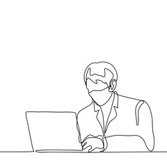 man in a mask in a jacket is sitting and working at a laptop. one line drawing office worker working in a mask in the office
