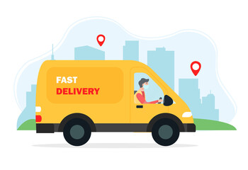 Safe delivery concept, delivery man on a yellow car. Vector illustration in flat style