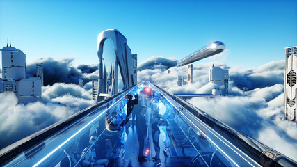 Flying passenger train. Futuristic sci fi city in clouds. Utopia. concept of the future. Aerial fantastic view. 3d rendering. - obrazy, fototapety, plakaty