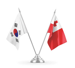 Tonga and South Korea table flags isolated on white 3D rendering