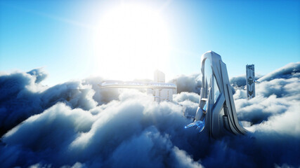 Flying passenger train. Futuristic sci fi city in clouds. Utopia. concept of the future. Aerial fantastic view. 3d rendering. © 3D motion