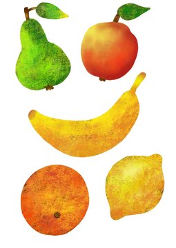 Fruit set: apple, pear, banana, orange and lemon. Digital painting on a white background. Cute illustration for the decor and design of posters, postcards, prints, stickers, invitations, textiles.