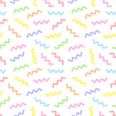 Rainbow seamless waves pattern, scribble vector illustration. Waves geometric colorful pattern. Kids pastel rainbow geometric seamless ornament of rough colorful lines on white background