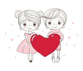 Cute boy and girl are holding a big red heart. Doodle illustration for wedding, Valentine s Day. Children s card, sketch, linear hand drawing. Vector illustration isolated on white background