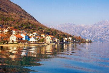 Fototapeta na wymiar Beautiful winter Mediterranean landscape. Montenegro, Adriatic Sea.. View of Bay of Kotor near village of Stoliv