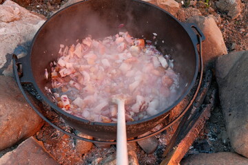 Deftige Mahlzeit draußen am Feuer zubereiten