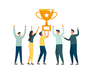 People stand happy for teamwork as award winners for good work. Vector Illustration