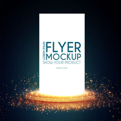 Realistic flying business card, poster and flyer mockup with 3D empty scene. Paper blank and gold light effect