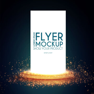 Realistic Flying Business Card, Poster And Flyer Mockup With 3D Empty Scene. Paper Blank And Gold Light Effect