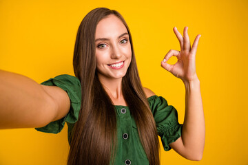 Self-portrait of charming cheerful long-haired girl showing ok-sign advert isolated over bright...