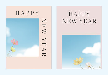 New Year greeting template design, cosmos flowers against the sky