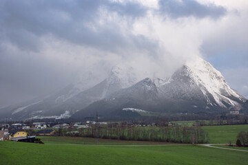 Fototapeta premium Winter landscape with snow covered Grimming mountain in Ennstal, Steiermark, Austria